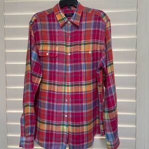 Polo Ralph Lauren Colorful 100% Linen Plaid Button-Down Shirt Large Classic